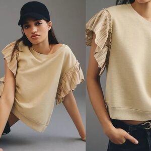 Anthropologie Pilcro Chambray Flutter-Sleeve Cotton Tee Blouse Top sz L